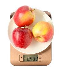 Electronic kitchen scale with plate of apples isolated on white, top view