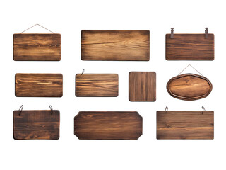Set of blank empty wooden rustic signage sign board isolated on transparent background.