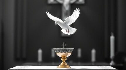 White Dove Descending on Holy Chalice in Church