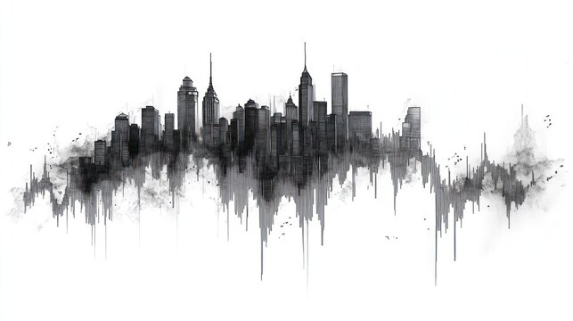 Silhouetted city skyline emerges in an abstract presentation, showcasing architectural diversity through black line drawing technique