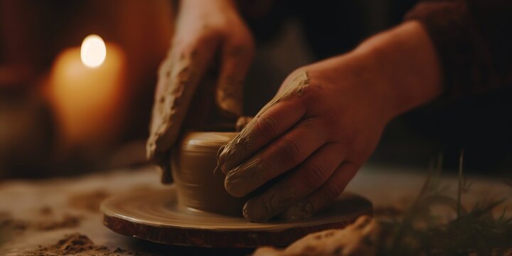 An artistic close-up showcases hands skillfully shaping clay on a pottery wheel, capturing the beauty of craftsmanship, creativity, and the joy of creation.