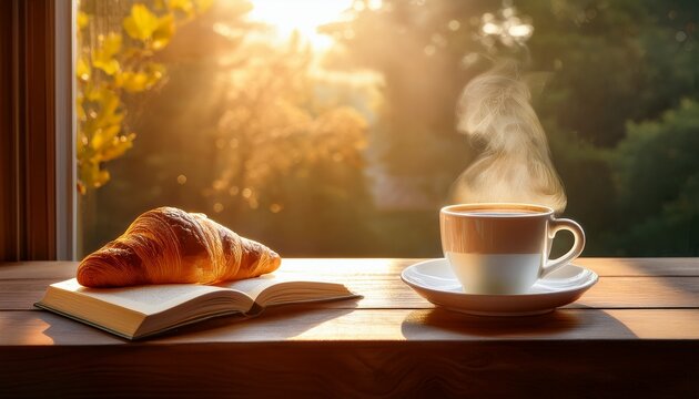 a cozy scene featuring a steaming cup of coffee a croissant and an open book on a wooden table by a sunlit window