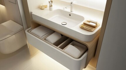 A compact apartment bathroom with a modern vanity and space-saving storage
