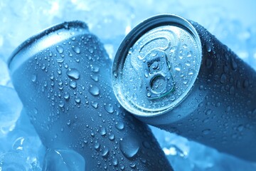 Refreshing drinks in cans on ice cubes, closeup. Toned in blue