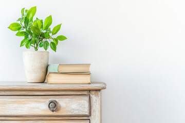 Old wooden dresser with books and plants in a minimalistic setting