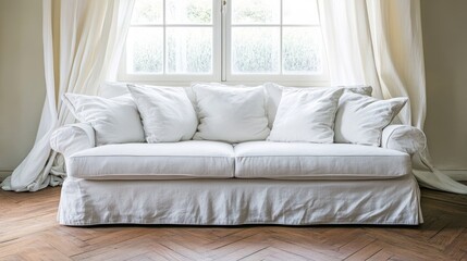 Obraz premium White sofa with pillows in bright living room.