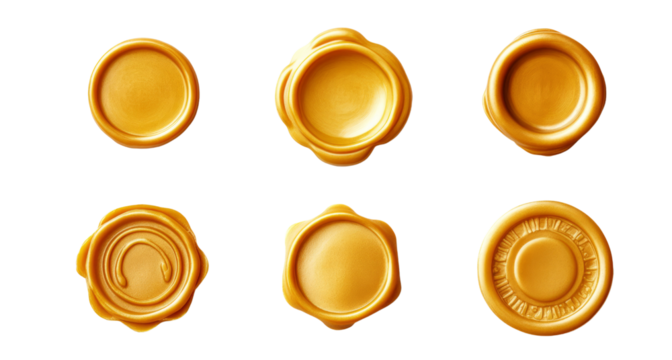 Set of golden wax seal isolated on transparent background.