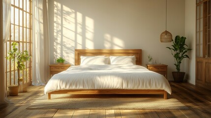 A neatly made double bed with pillows and a duvet occupies a minimalist, all-white bedroom corner, along with a small potted plant, as sunlight from a window casts shadows