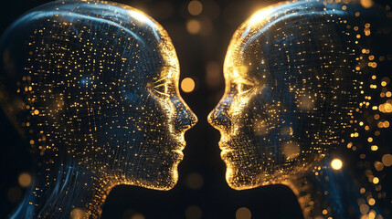 Technological Harmony: Artificial Intelligence Sculpture with Futuristic Shapes and Golden Lighting that Represents the Convergence Between Art, Technology and Innovation &ndash; Generative AI