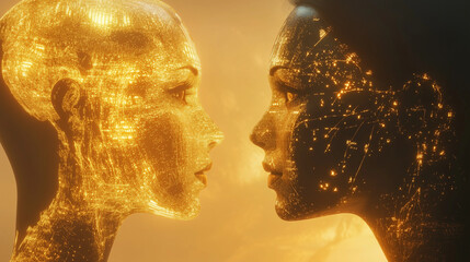 Technological Harmony: Artificial Intelligence Sculpture with Futuristic Shapes and Golden Lighting that Represents the Convergence Between Art, Technology and Innovation &ndash; Generative AI