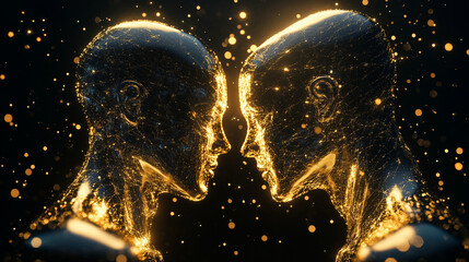 Technological Harmony: Artificial Intelligence Sculpture with Futuristic Shapes and Golden Lighting that Represents the Convergence Between Art, Technology and Innovation &ndash; Generative AI