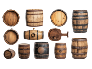 Set of old wooden barrel isolated on transparent background.