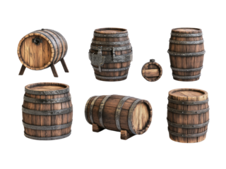Set of old wooden barrel isolated on transparent background.