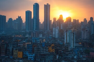Fototapeta premium A cityscape image of tall buildings during sunset hours, great for urban-themed designs or travel articles