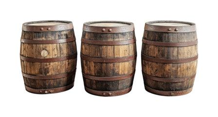 Set of old wooden barrel isolated on transparent background.