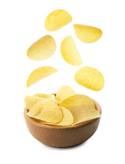 Tasty potato chips falling into bowl on white background