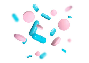 Many different pills flying on white background