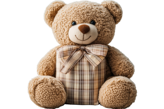 Cuddly teddy bear with a bow tie, charming and soft, cut out transparent