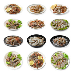 Fresh raw shrimps isolated on white, set. Top and side view