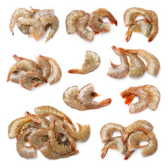 Fresh raw shrimps isolated on white, set