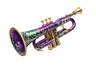 A Mardi Gras trumpet with purple, green, and gold accents isolated on transparent background