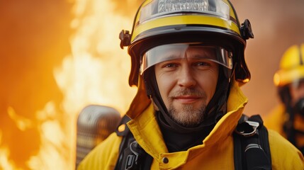 Fototapeta premium Caucasian male firefighter in action with flames in background