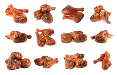 Delicious turkey drumsticks on white background, set