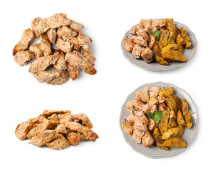 Pieces of delicious baked turkey and potatoes on white background, set