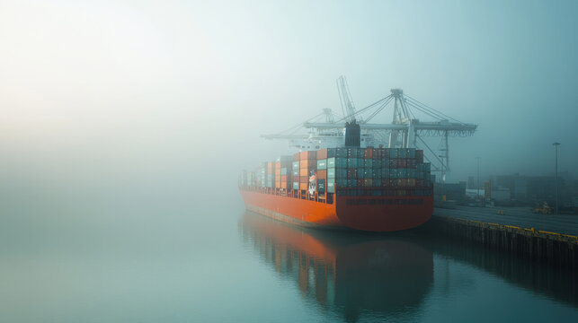 Large container ship docked in harbor with cranes on a foggy morning. Cargo vessel sits in the water next to a pier. Transportation. - Powered by Adobe