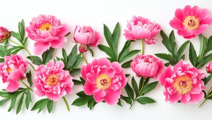 Obraz premium Auf hellem Hintergrund eine weiße, leere Karte, geframt von atemberaubenden rosa Pfingstrosen – ideal für Mockups oder Vorlagen. Generative KI