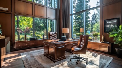 A luxurious executive office with a leather chair, a mahogany desk, and floor-to-ceiling window
