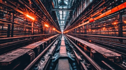 Fototapeta premium Industrial factory interior with long railway tracks and orange lights.