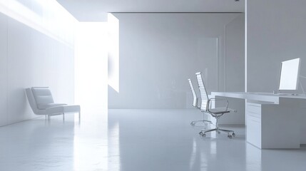 A minimalist office with white walls, clean desks, and ergonomic chair