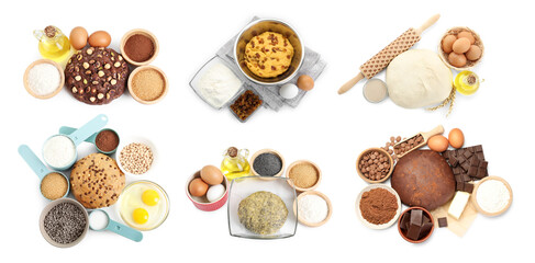 Different types of dough and ingredients isolated on white, set. Top view