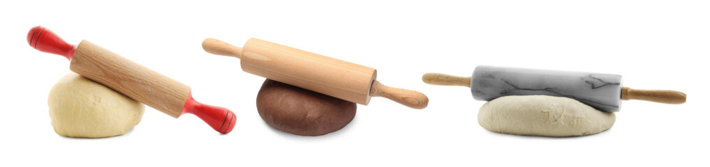 Different types of dough and rolling pins isolated on white, set