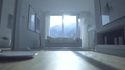 Fototapeta premium Sunlit modern living room with mountain view, minimalist decor, hardwood floor.