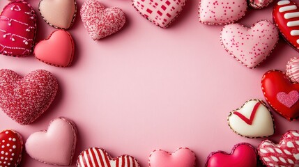 Obraz premium Pink background with colorful heart-shaped cookies forming a frame.