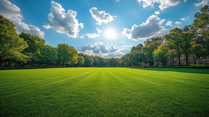 Obraz premium Sunny park landscape with green lawn and trees. Ideal for nature, campus, or vacation promotional use