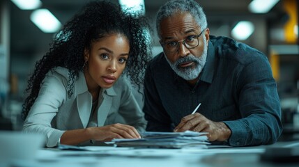 Focused man and woman working over papers, looking intently