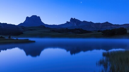 Fototapeta premium Serene dawn over misty lake reflecting mountains.