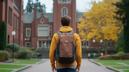 Obraz premium Male teen with backpack stands on university campus in autumn