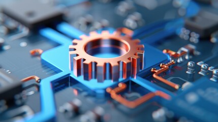 Close-up of gear on blue circuit board with copper and blue connections