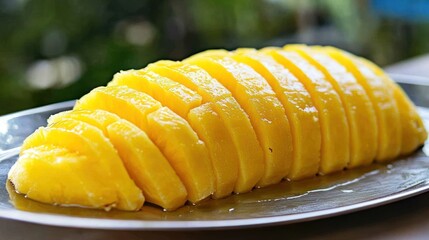 Sliced pineapple on a metal platter.
