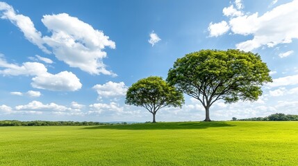 Fototapeta premium Two Trees in a Sunny Green Field under a Blue Sky