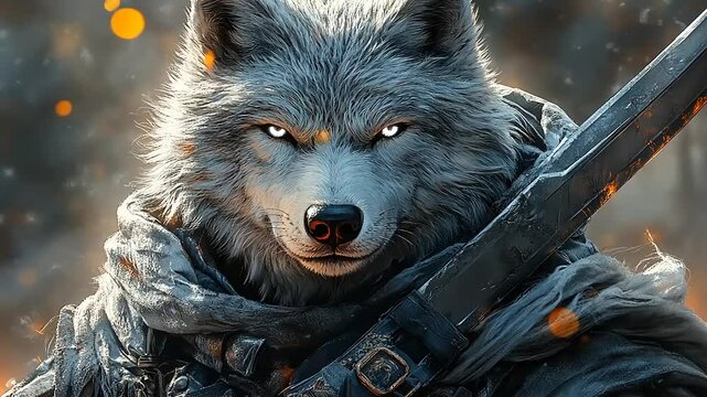 Fierce wolf warrior with glowing eyes stands ready for battle in a mystical forest setting