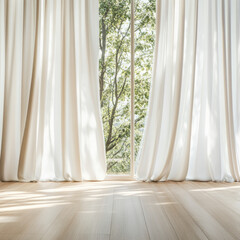 Bright modern room with large window and sunlight filtering through curtains