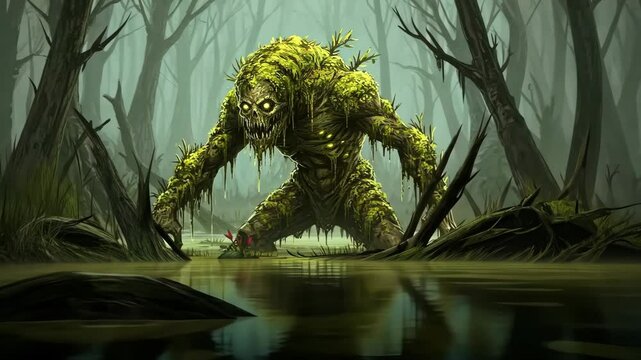 Swamp monster standing in a dark misty forest.