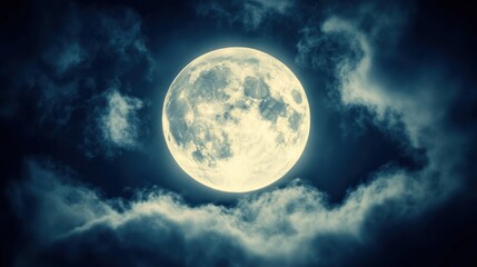 Full moon shining brightly through dark clouds at night.