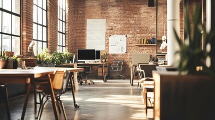 A tech startup office with industrial decor, exposed brick walls, and open seating