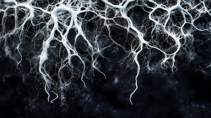 Underground view of a mycelium network, white threads intertwining through soil, highdetail, dark and moody colors, illuminating fungal roots, closeup. Subterranean Threads. Illustration